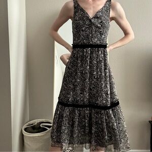 LOFT Black and White Patterned Midi Dress